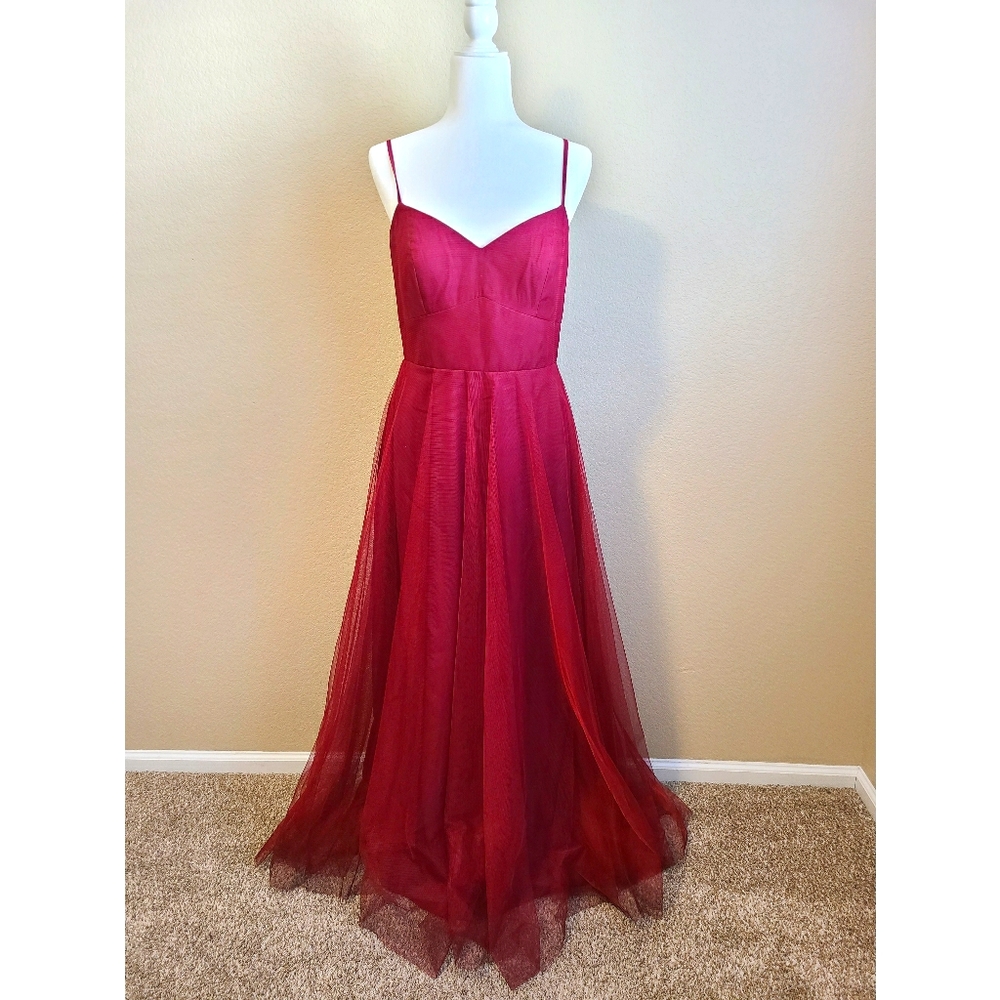 Floor length tulle burgundy dress